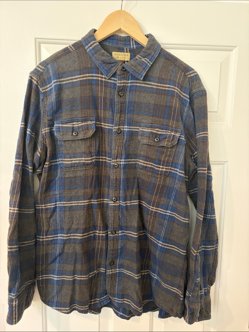 Sonoma Men's Brown and Blue Plaid Button-Up Shirt